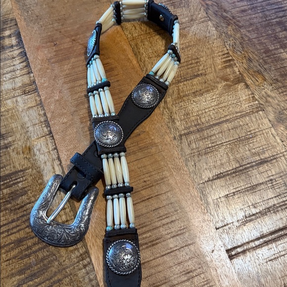 Accessories - Vtg Tony Lama Leather Concho Bone Bead Western Brown Leather Womens Belt 28"